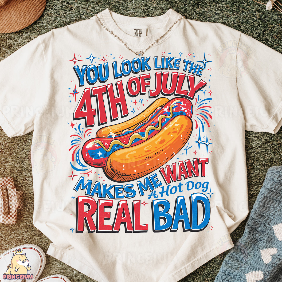a white shirt with a hot dog on it