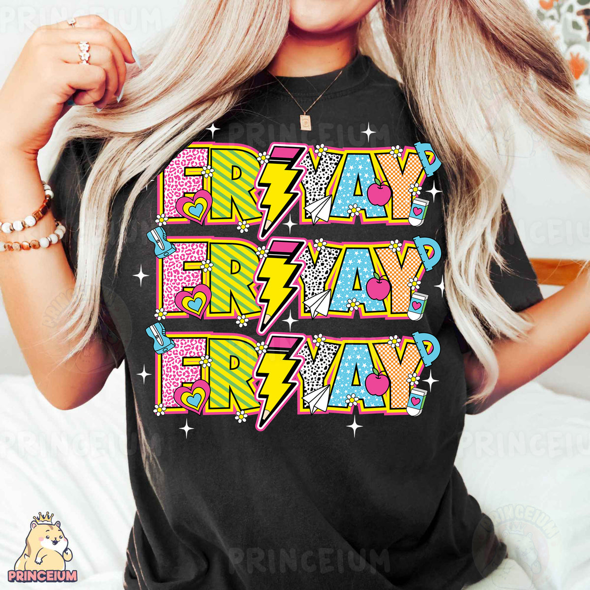 a woman wearing a black t - shirt with the words pray, pray, pray