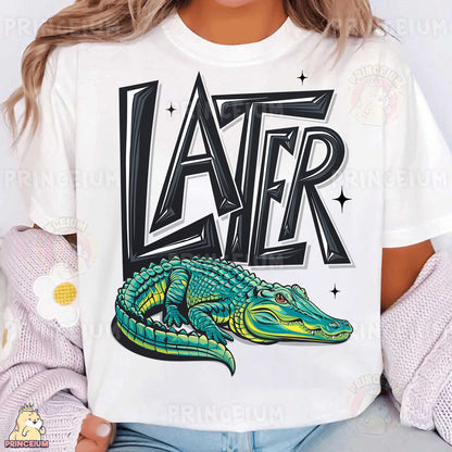 a woman wearing a white shirt with a green alligator on it