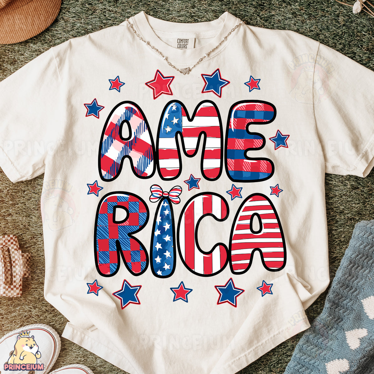 a t - shirt that says ame rica with stars and stripes
