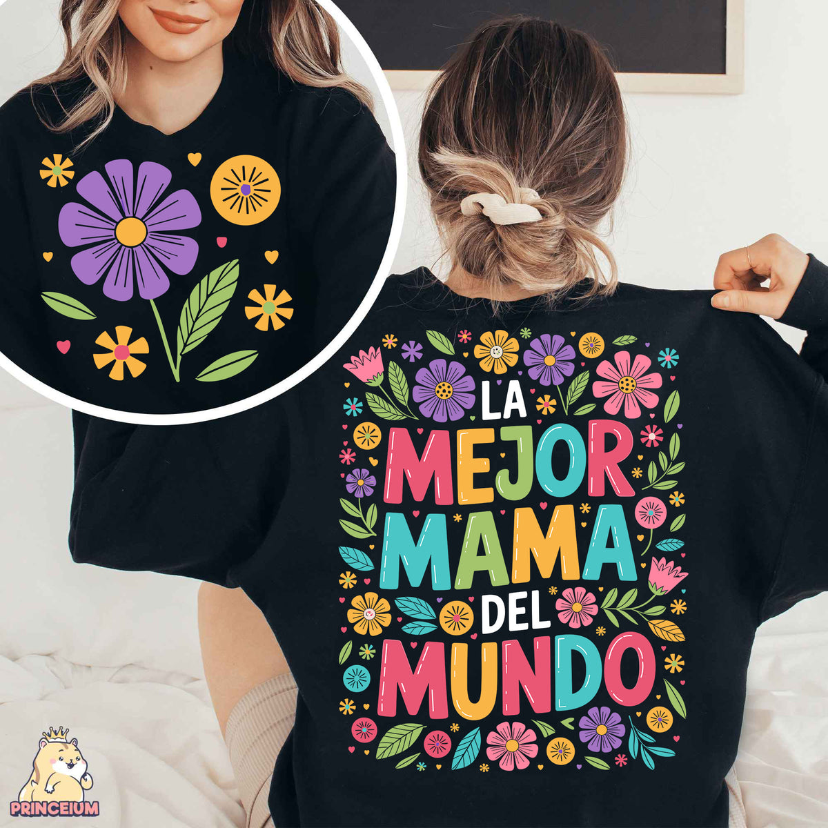 a woman wearing a black shirt with colorful flowers on it