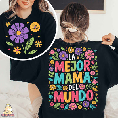 a woman wearing a black shirt with colorful flowers on it