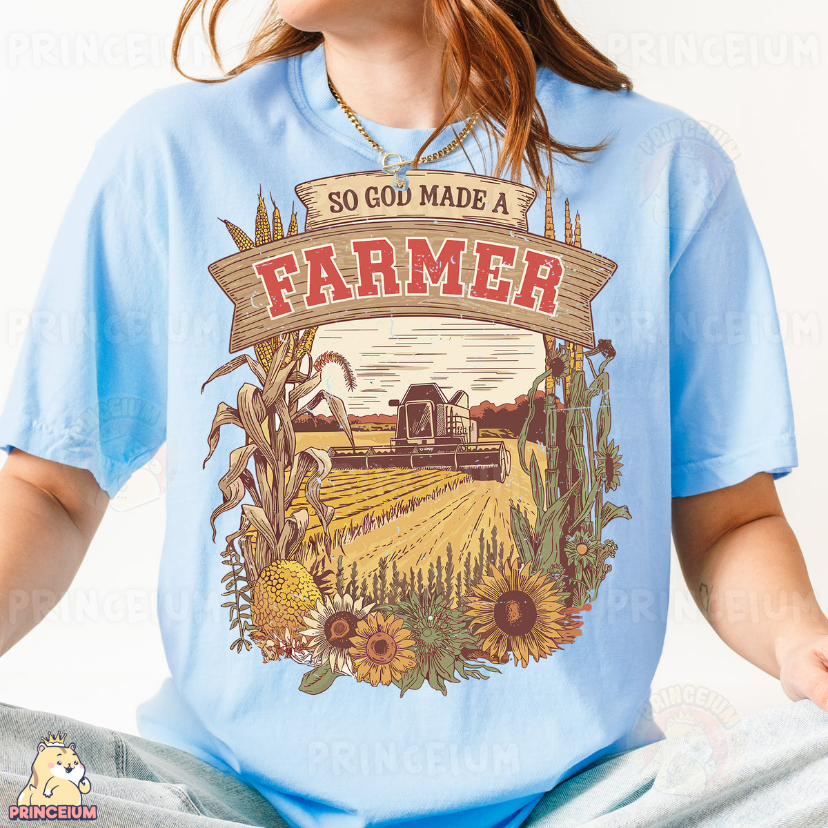 a woman wearing a t - shirt that says so god made a farmer