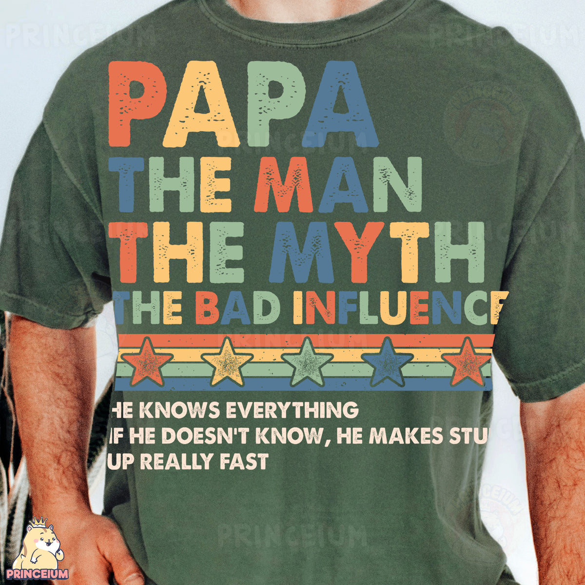 a man wearing a papa the man the myth t - shirt