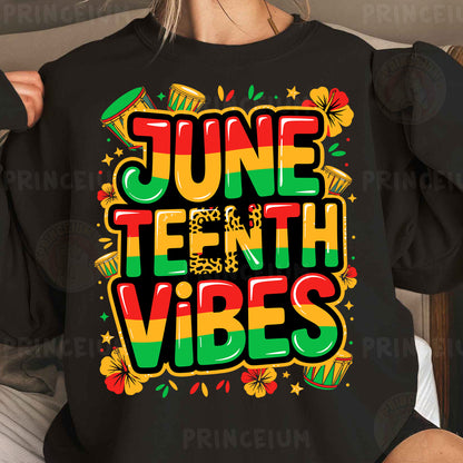 a woman wearing a black shirt that says june tenth vibes