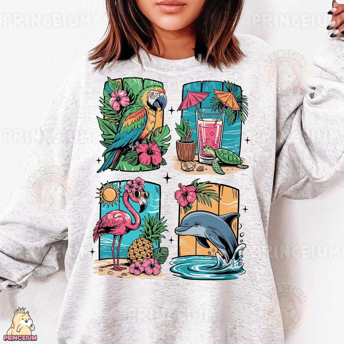 a woman wearing a sweatshirt with a tropical print on it
