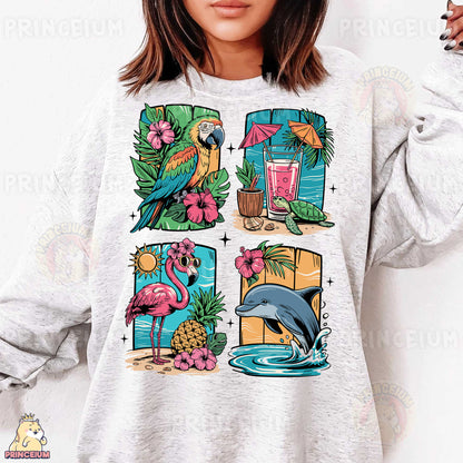 a woman wearing a sweatshirt with a tropical print on it
