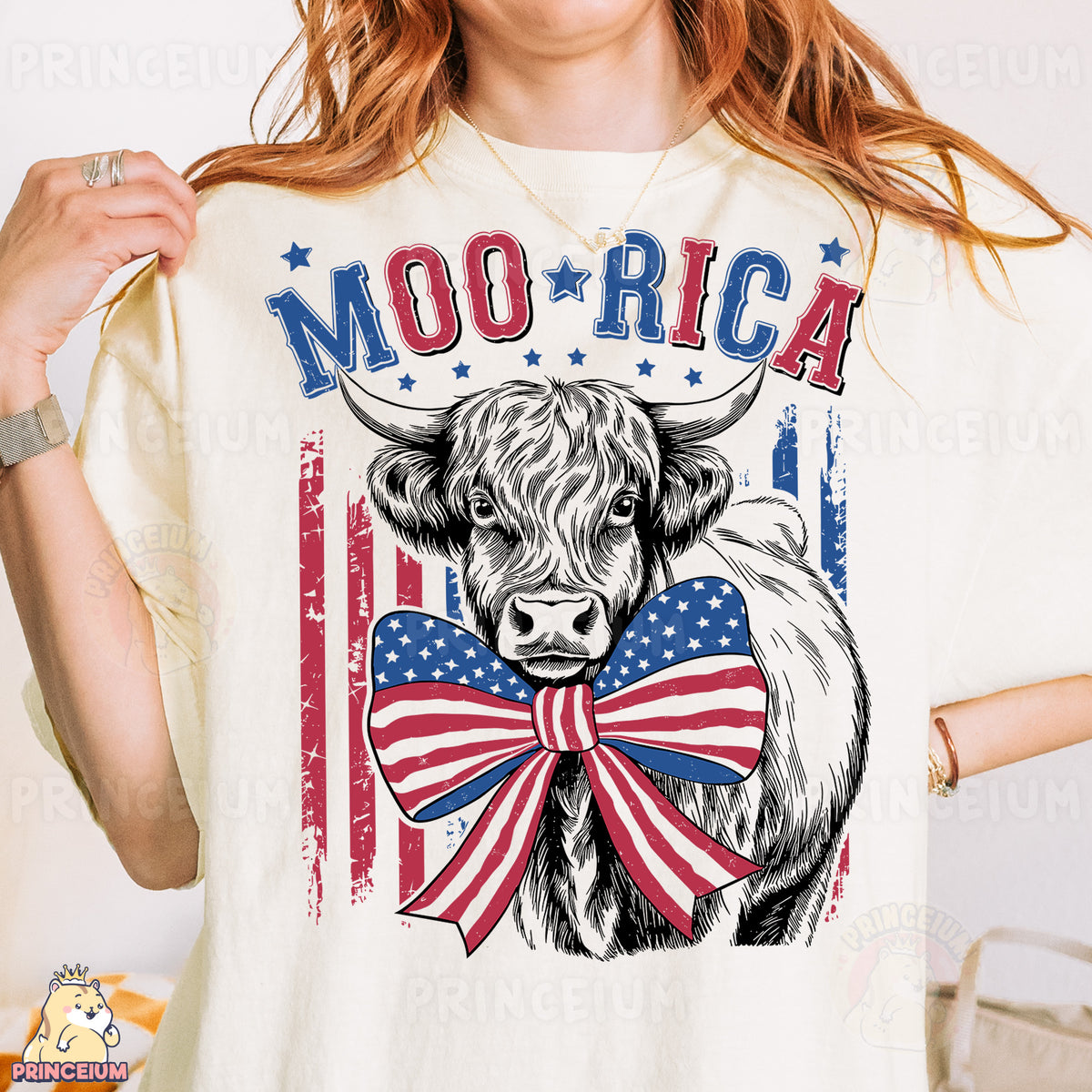 a woman wearing a t - shirt with a cow wearing a bow tie
