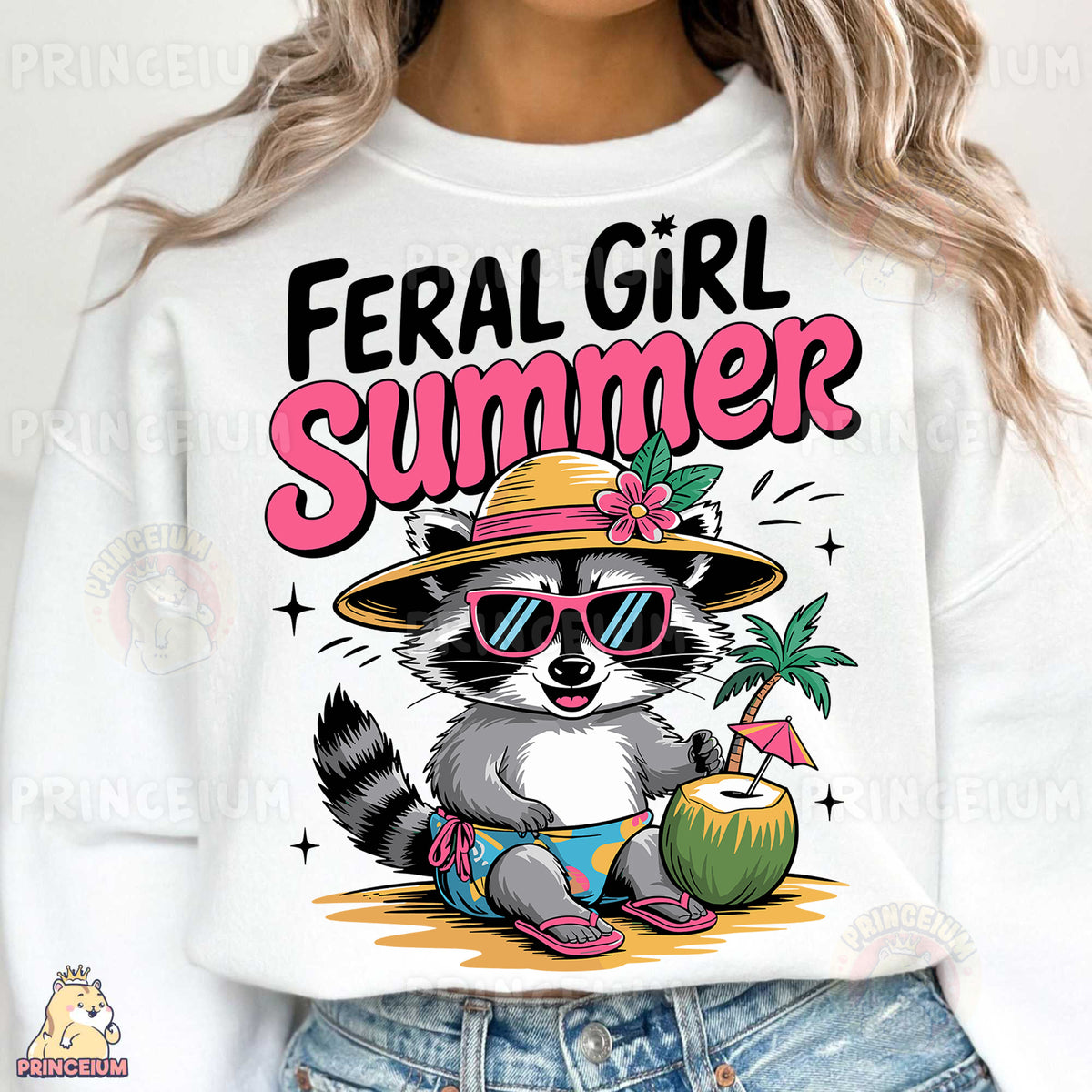 a woman wearing a white shirt with a raccoon wearing a hat and sunglasses