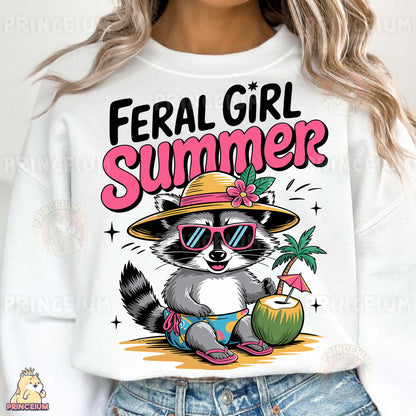 a woman wearing a white shirt with a raccoon wearing a hat and sunglasses