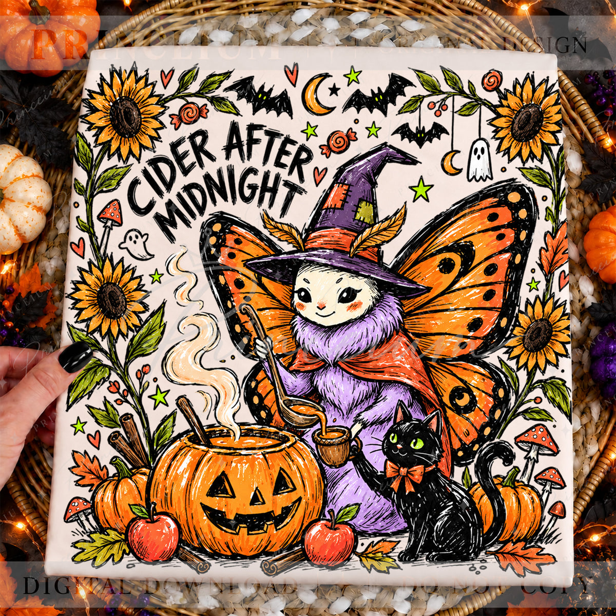 Cider After Midnight Halloween PNG – Butterfly Witch & Black Cat Design | Digital Download