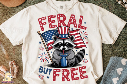 a t - shirt with a raccoon wearing a hat and holding a flag