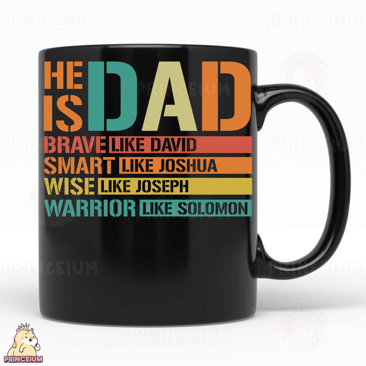 a black coffee mug with the words he is dad on it