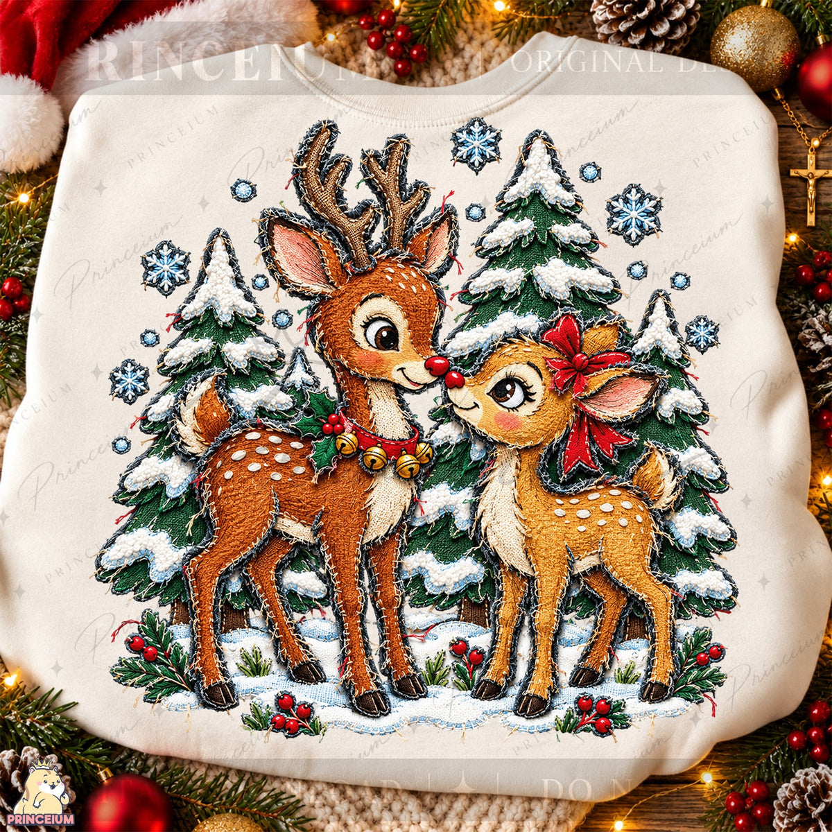 Stitched Reindeer in a Snowy Forest