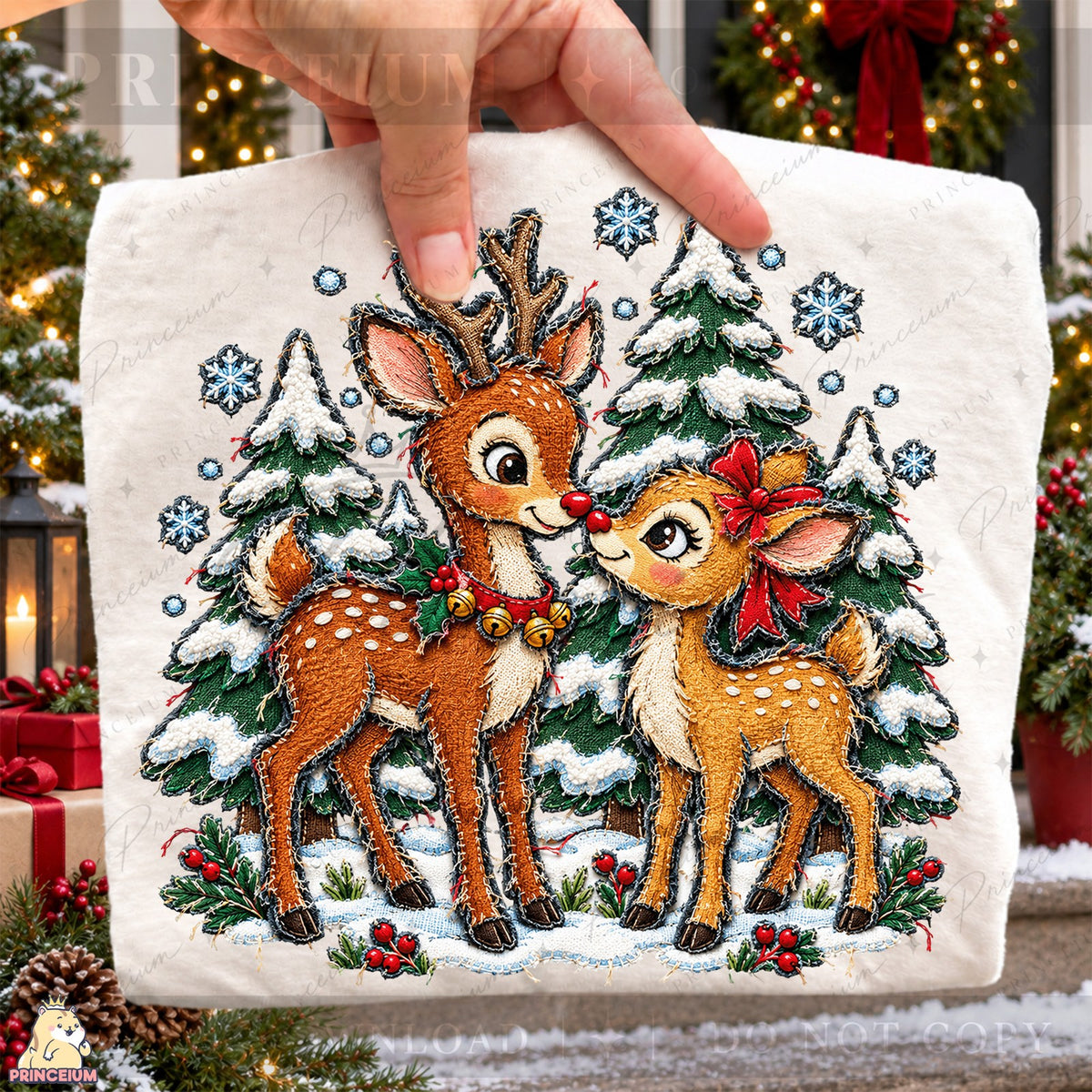 Stitched Reindeer in a Snowy Forest