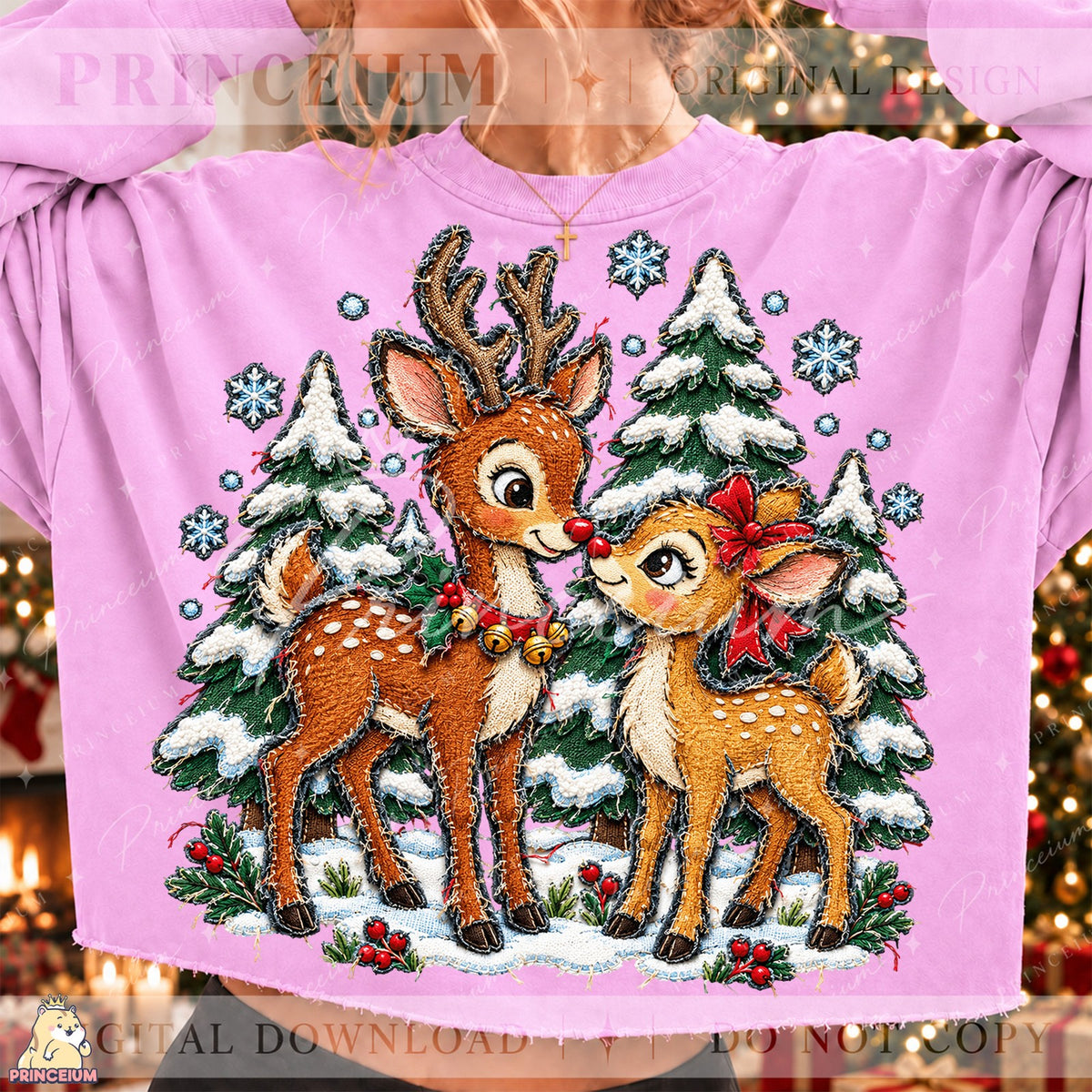 Stitched Reindeer in a Snowy Forest