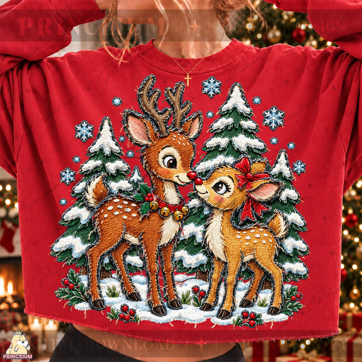 Stitched Reindeer in a Snowy Forest