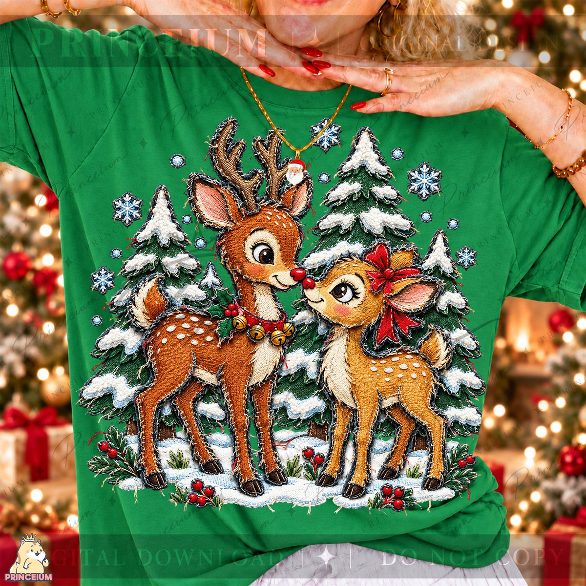 Stitched Reindeer in a Snowy Forest