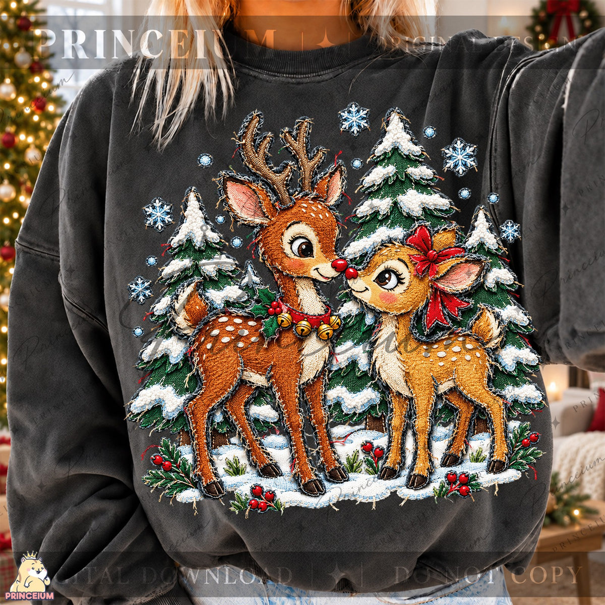 Stitched Reindeer in a Snowy Forest