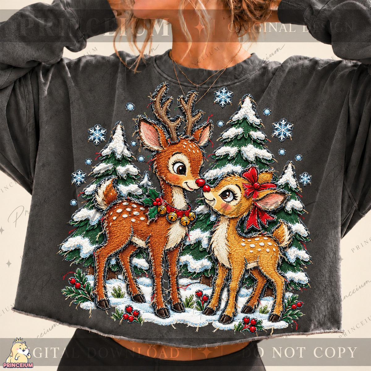 Stitched Reindeer in a Snowy Forest