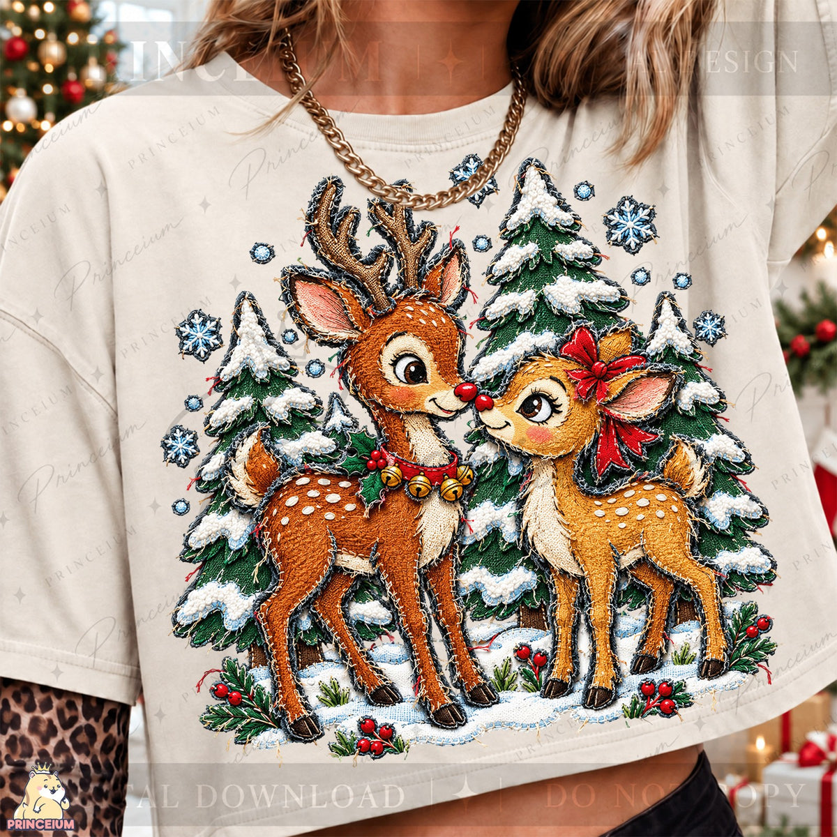 Stitched Reindeer in a Snowy Forest