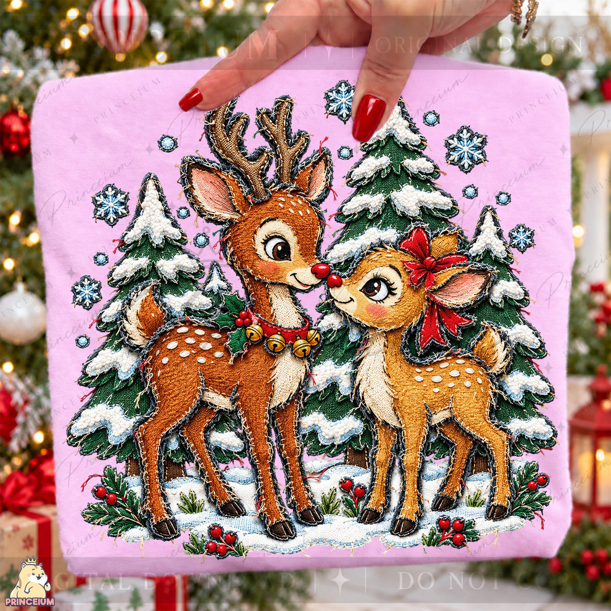 Stitched Reindeer in a Snowy Forest