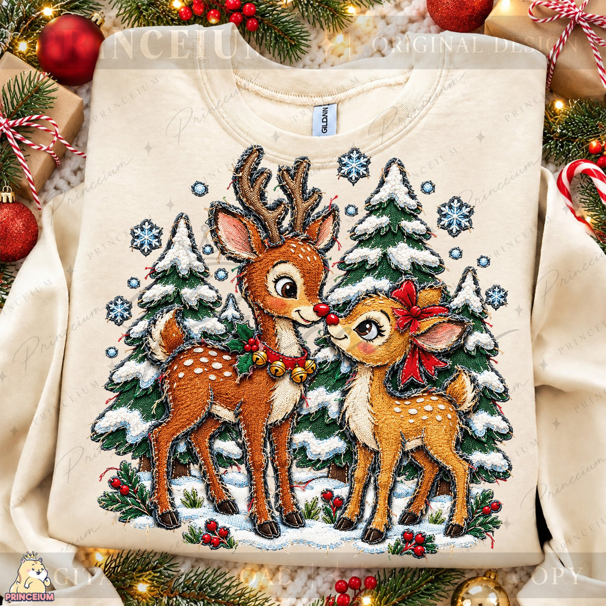 Stitched Reindeer in a Snowy Forest