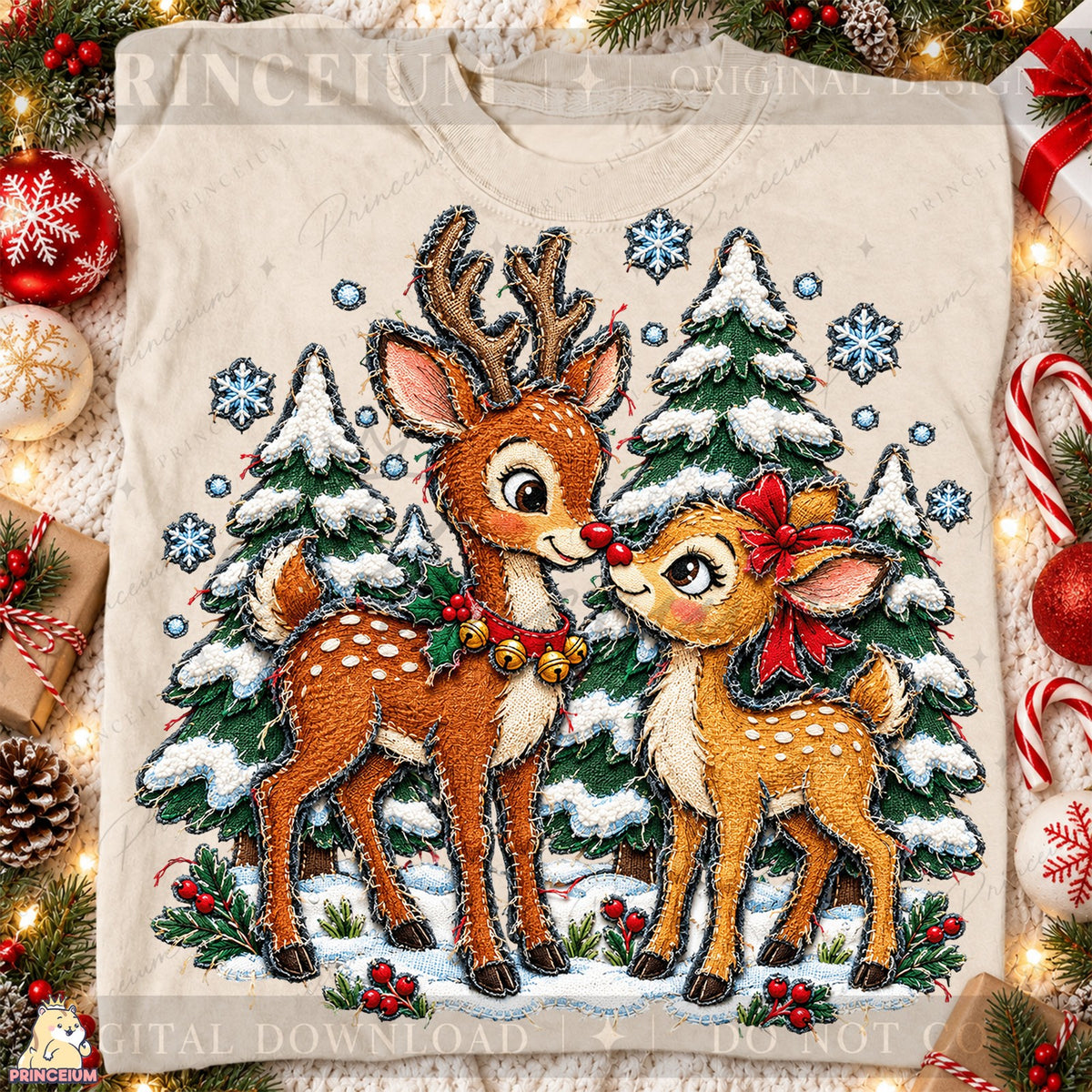 Stitched Reindeer in a Snowy Forest