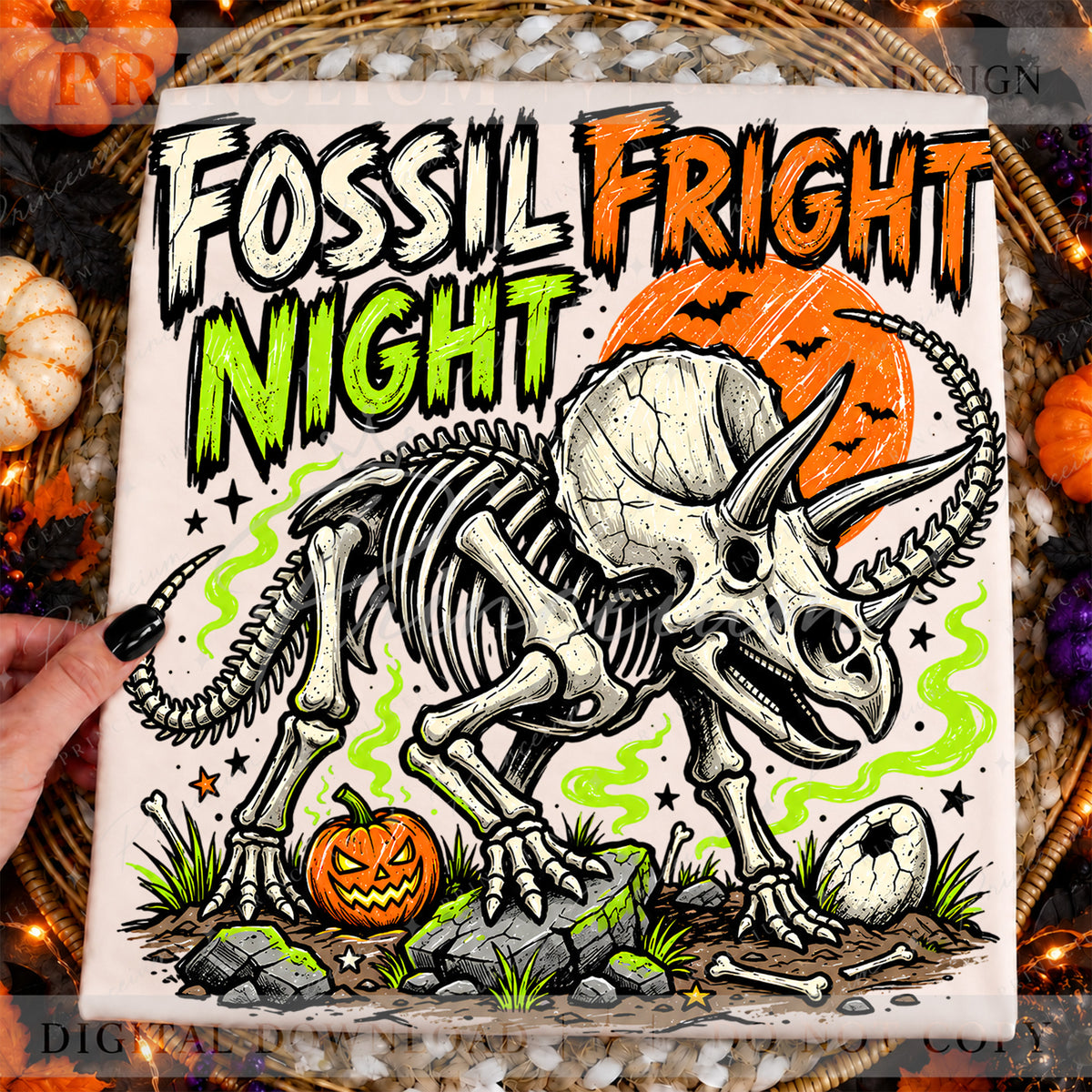 Fossil Fright Night Halloween PNG – Triceratops Skeleton Design | Digital Download