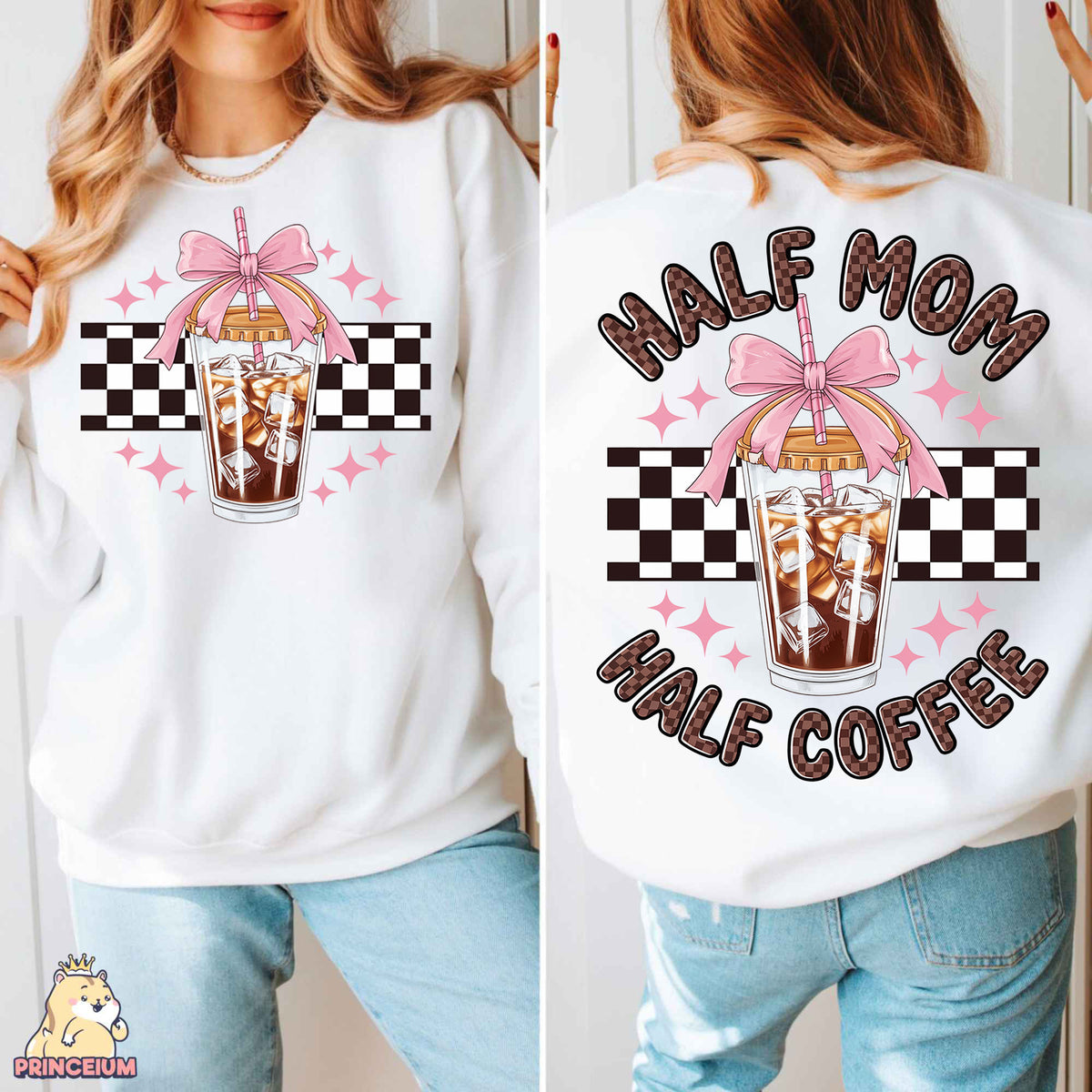 a woman wearing a half moon half coffee sweatshirt