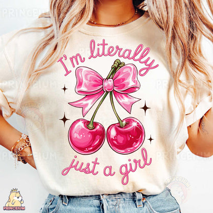 a woman wearing a t - shirt that says i'm literally just a girl