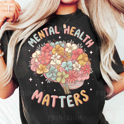a woman wearing a t - shirt that says mental health matters