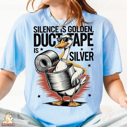 a woman wearing a blue shirt with a duck on it