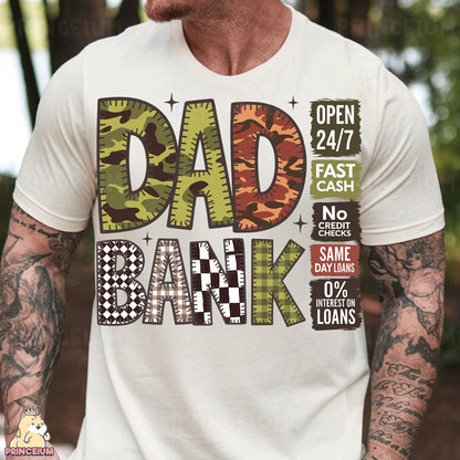 a man with a beard wearing a dad bank t - shirt