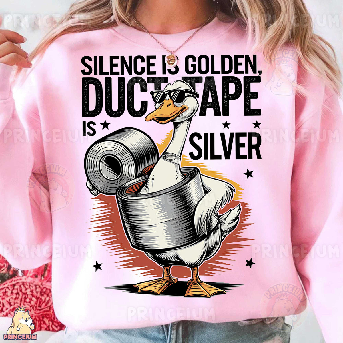 a woman wearing a pink sweatshirt with a duck on it