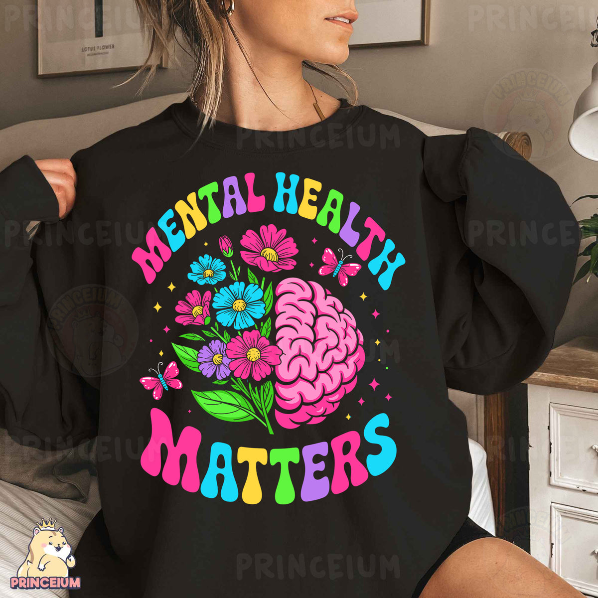 a woman wearing a black sweatshirt that says mental health matters