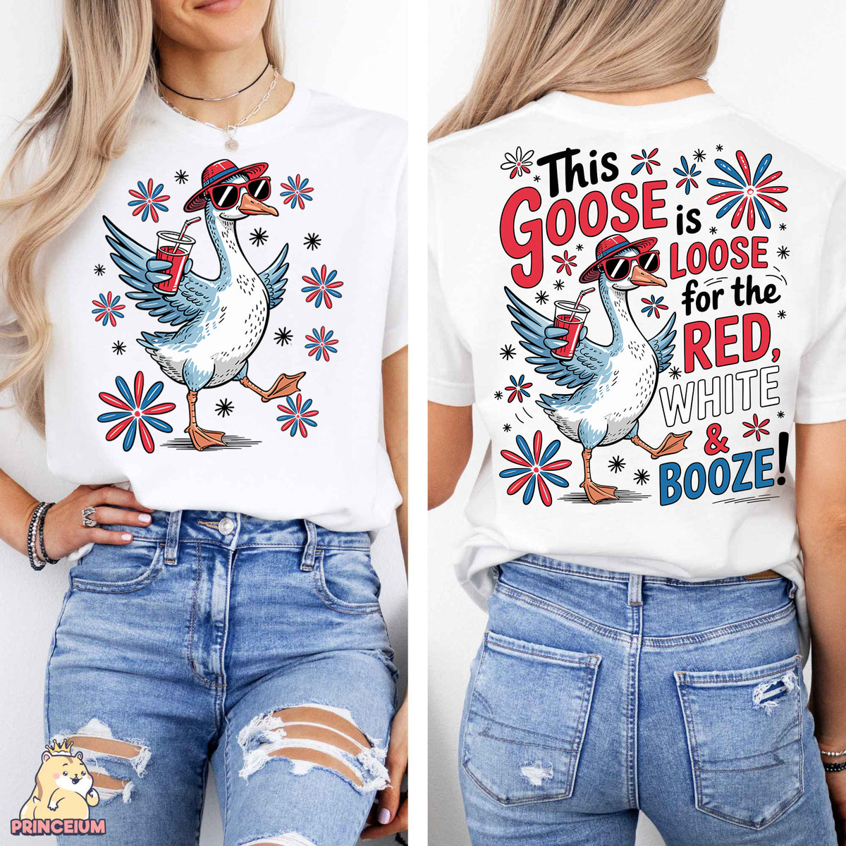 a woman wearing a white t - shirt with a rooster on it
