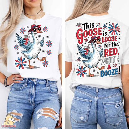 a woman wearing a white t - shirt with a rooster on it