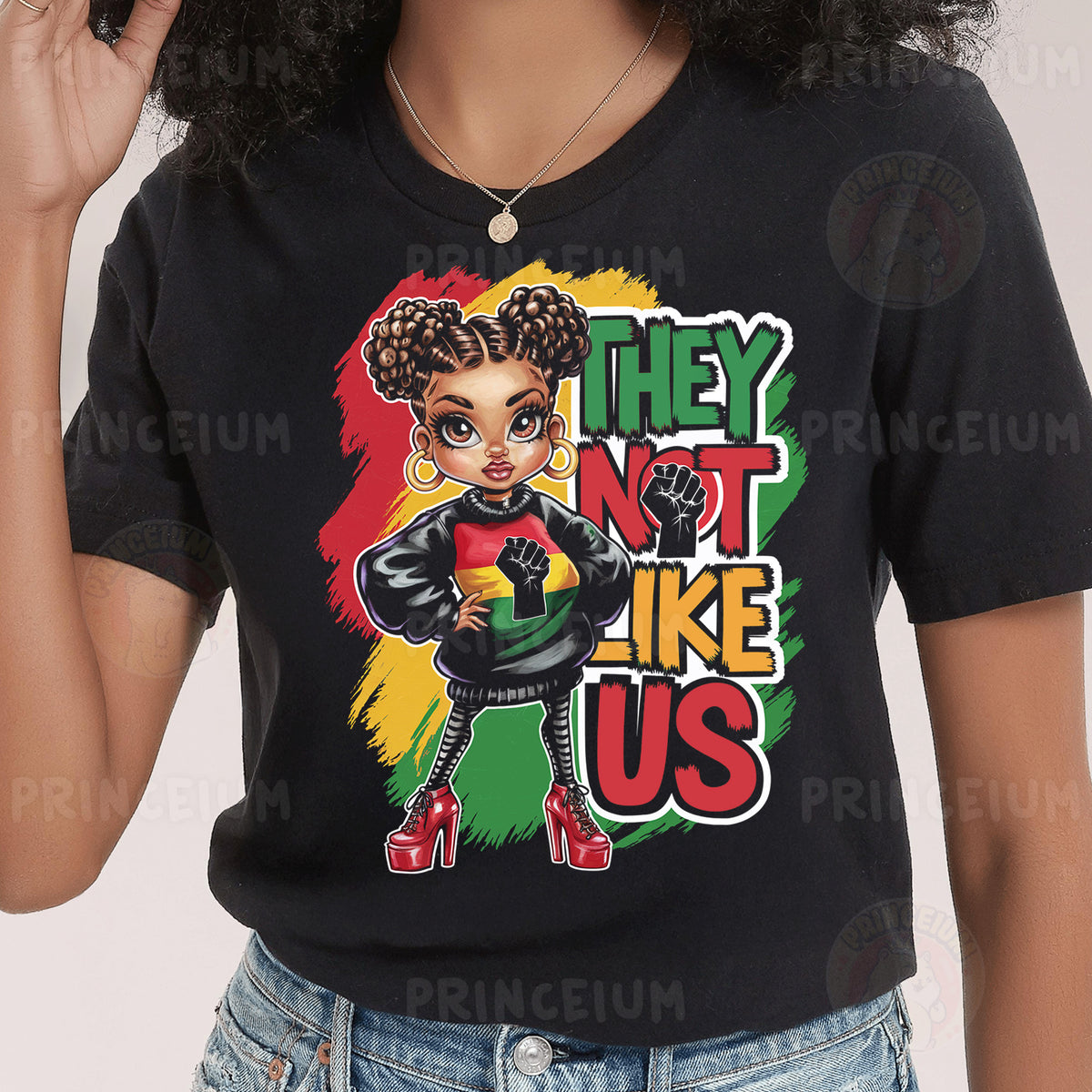 a woman wearing a black t - shirt with an image of a woman wearing a