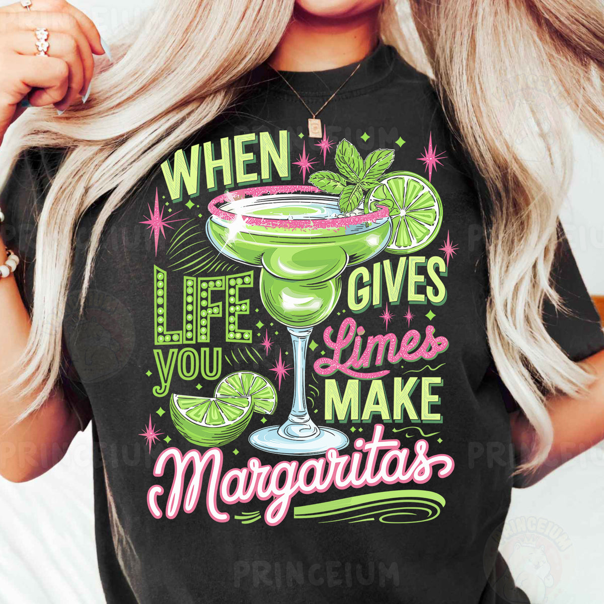 a woman wearing a t - shirt that says when life gives limes make margarita