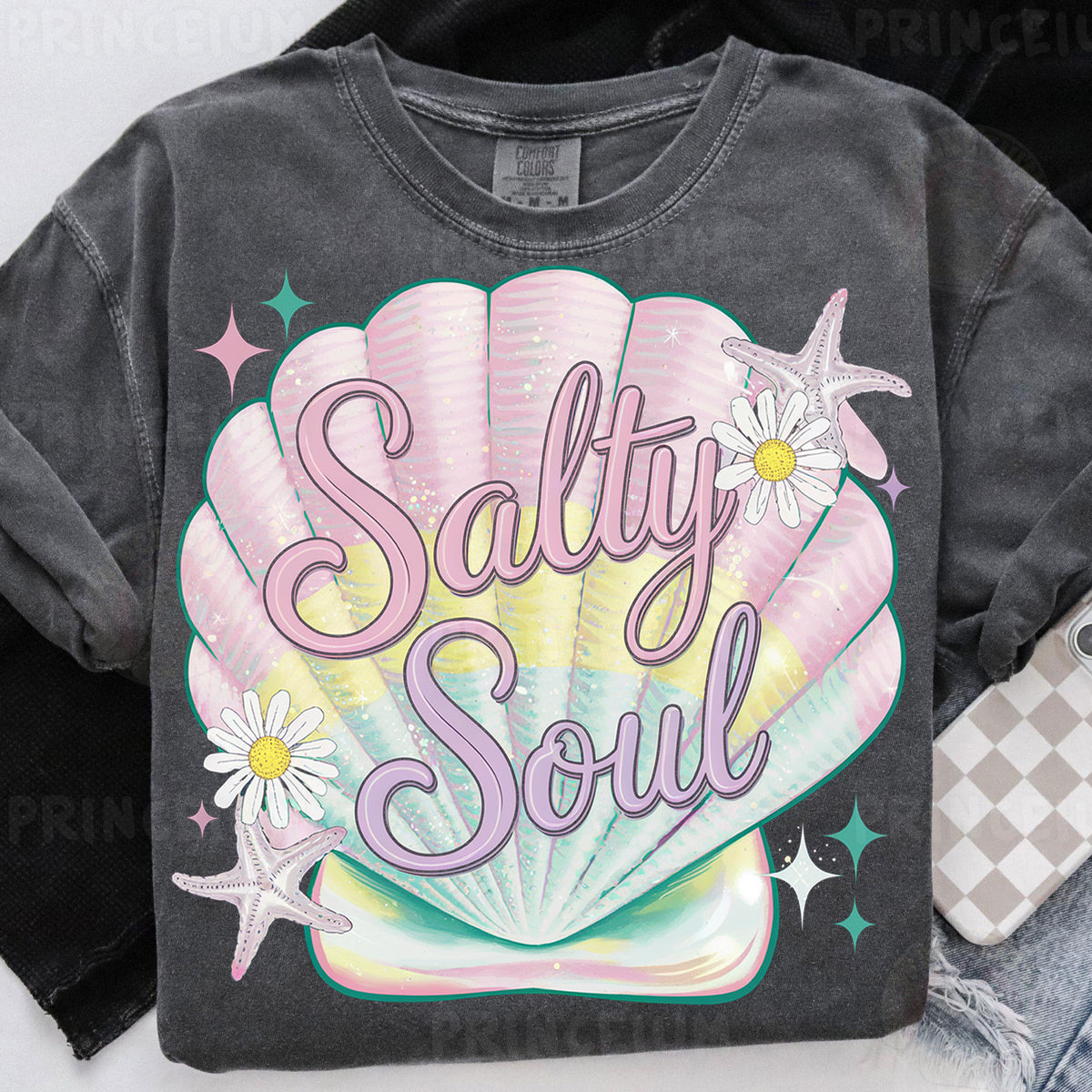 a t - shirt with the words salty soul on it