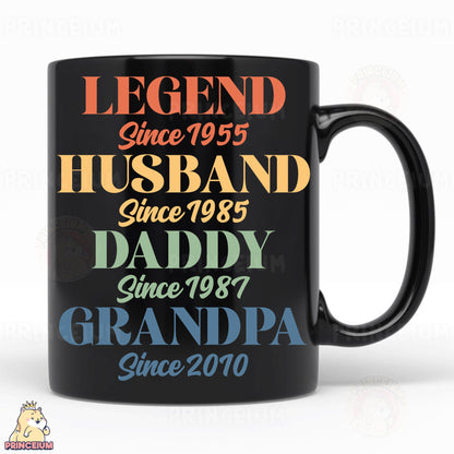 a black coffee mug with the words legend since 1953, husband since 1989, and