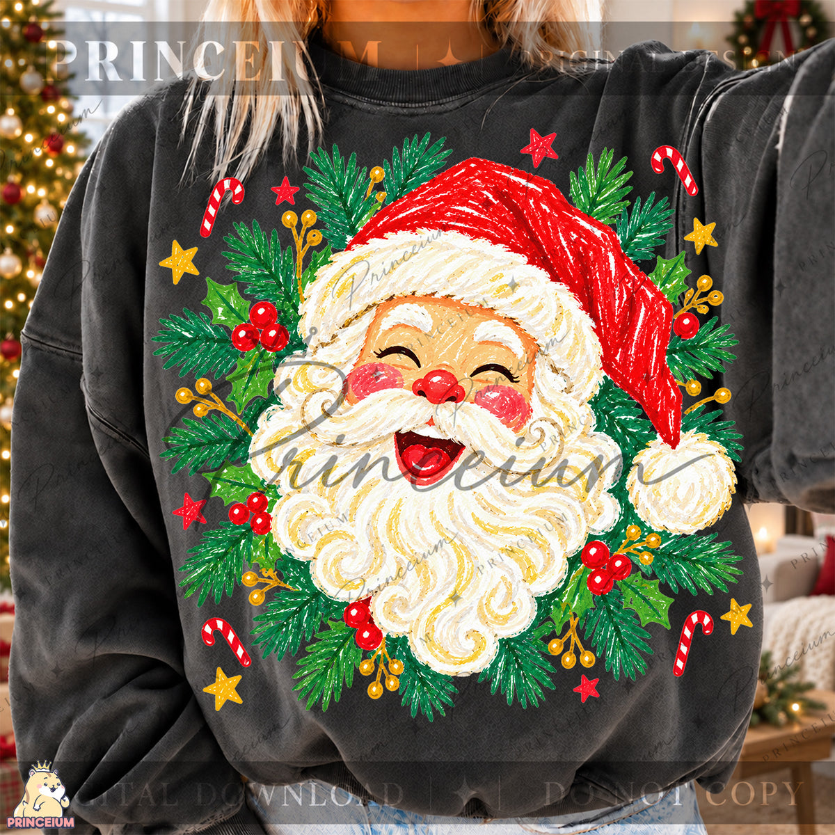 Jolly Santa Christmas PNG – Holly & Candy Cane Holiday Design | Digital Download