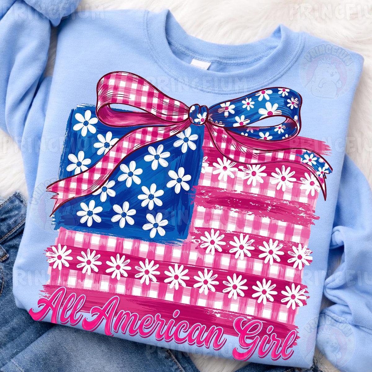 All American Girl Sublimation Design PNG | Patriotic Gingham Flag with Bow Digital Download