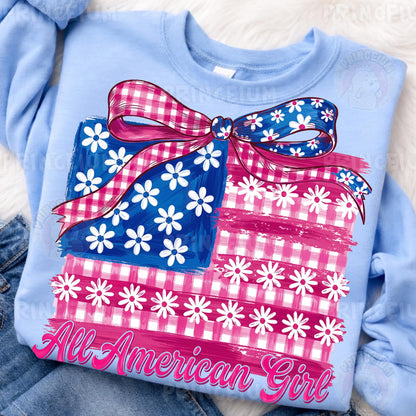 All American Girl Sublimation Design PNG | Patriotic Gingham Flag with Bow Digital Download