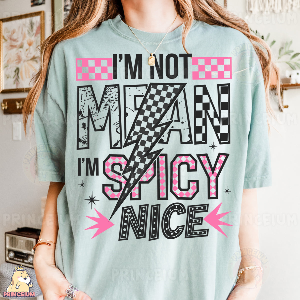 a woman wearing a t - shirt that says i'm not mean i '