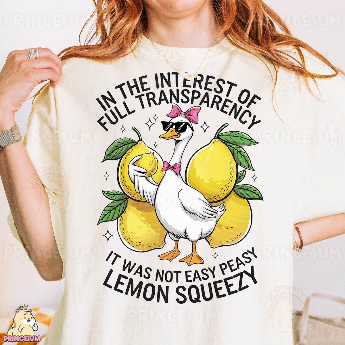 a woman wearing a t - shirt with lemons on it
