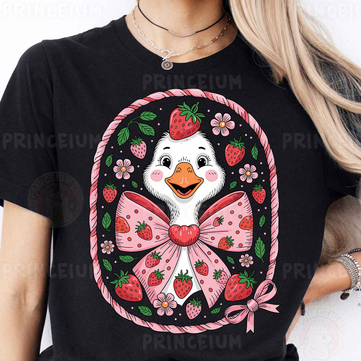 a woman wearing a t - shirt with a duck wearing a bow