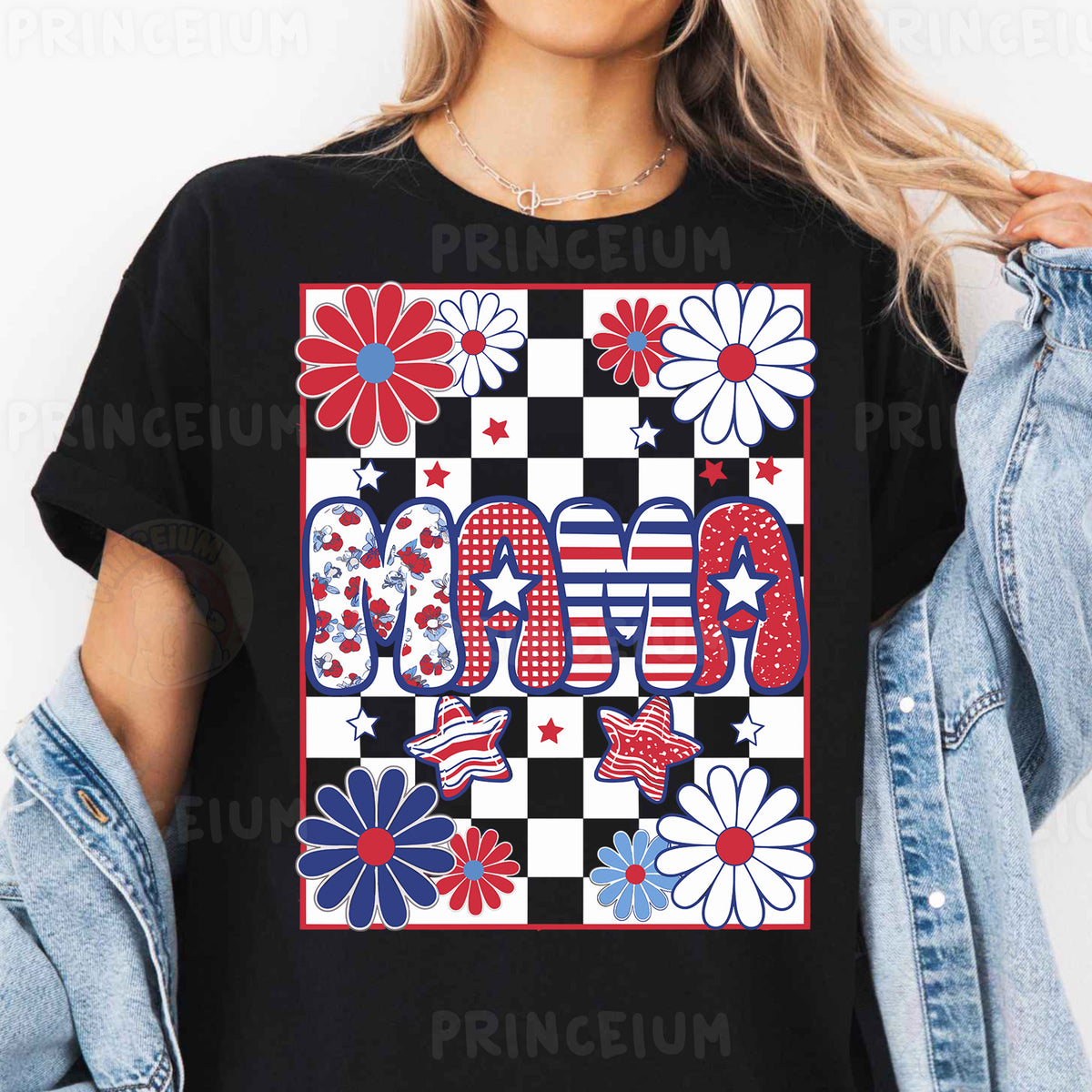 a woman wearing a black t - shirt with red, white, and blue flowers