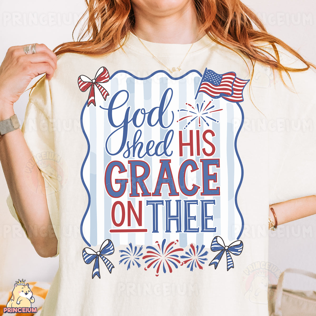 a woman wearing a t - shirt that says god shed his grace on thee